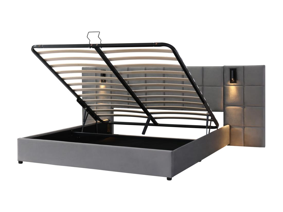 Vente Unique Lit Coffre En Velours - 160x200cm - Avec LED Et Port De Recharge - Gris(table De Chevet Non Compris)