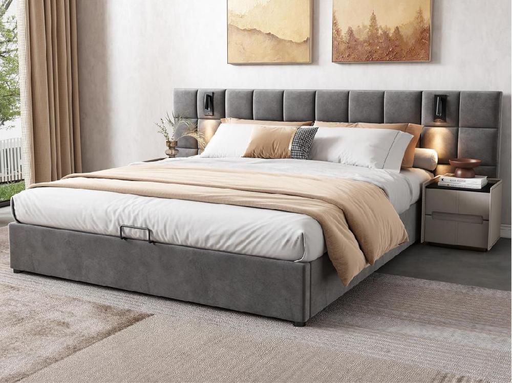 Vente Unique Lit Coffre En Velours - 160x200cm - Avec LED Et Port De Recharge - Gris(table De Chevet Non Compris)