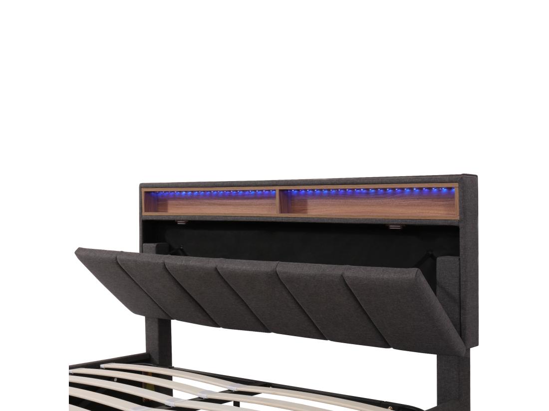 Vente Unique Lit Coffre Rembourré 140x190cm En Lin Avec Tiroirs - Tête De Rangement Avec LED - Sommier à Lattes - Gris