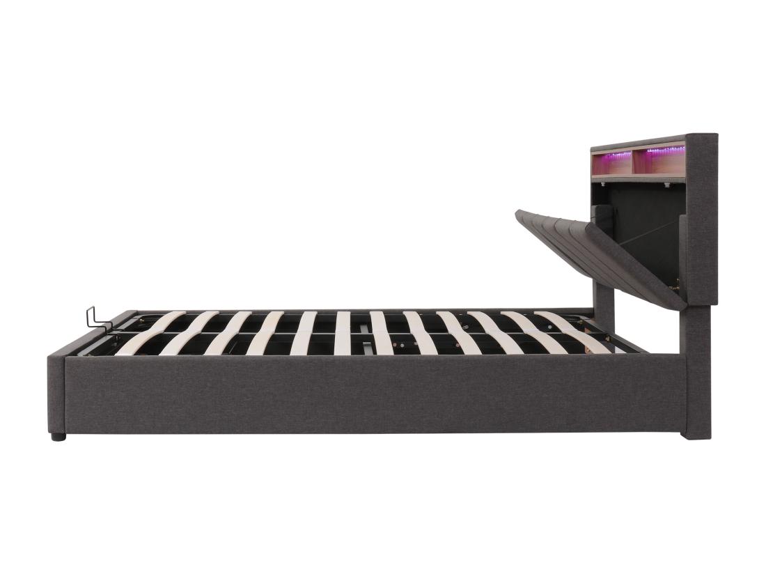 Vente Unique Lit Coffre Rembourré 140x190cm En Lin Avec Tiroirs - Tête De Rangement Avec LED - Sommier à Lattes - Gris