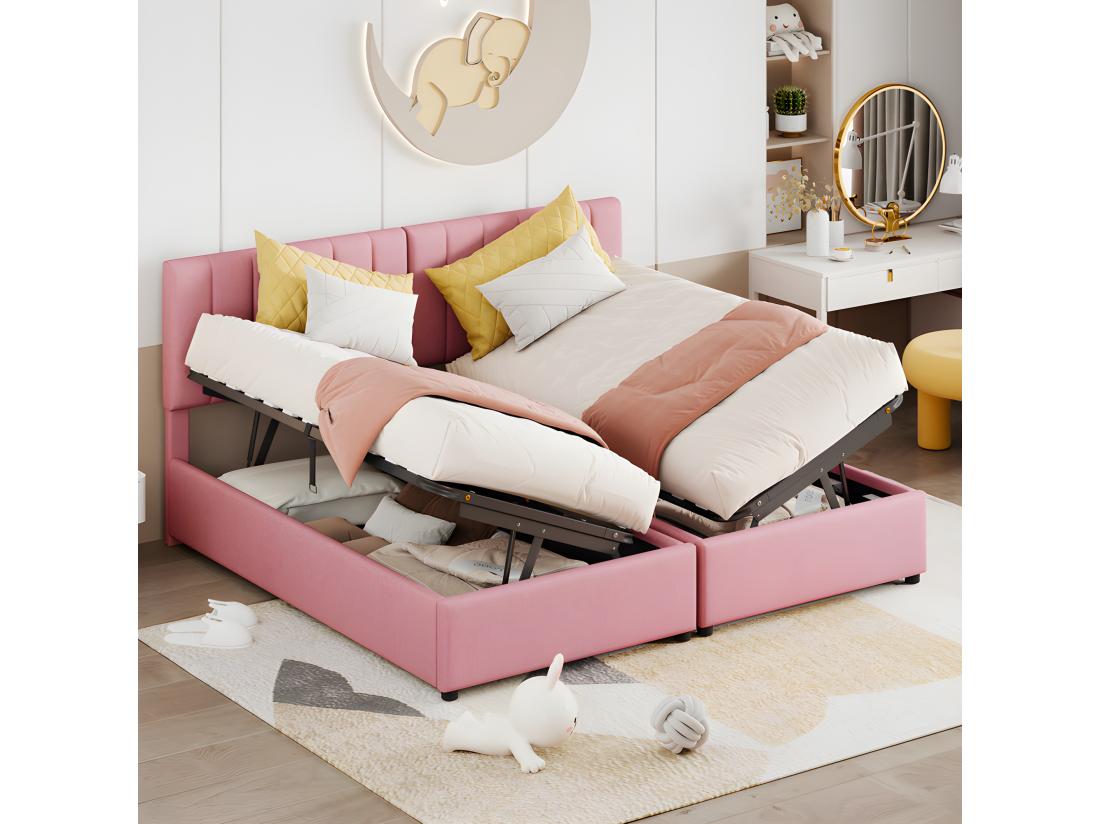 Vente Unique Lit Coffre Rembourré En Tissu Lin - 180x200cm - Transformable En 2 Lits Simples - Rose