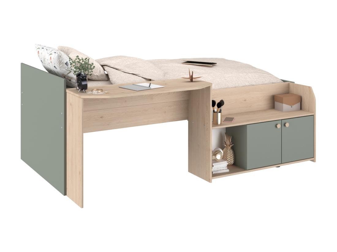 Vente Unique Lit Combiné 90 X 190/200 Cm - Coloris : Naturel Et Vert - MIVONA