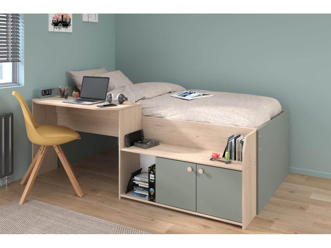 vente unique Lit combiné 90 x 190/200 cm - Coloris : Naturel et vert - MIVONA