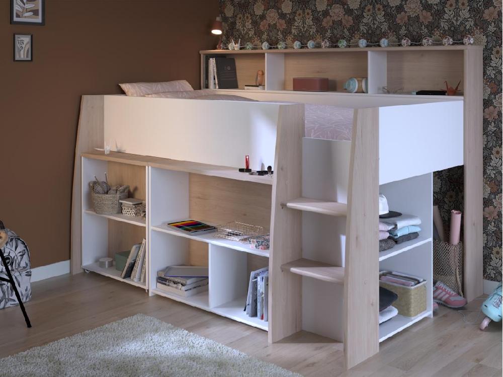 Vente Unique Lit Combiné 90 X 200 Cm Avec Bureau Et Rangements - Blanc Et Naturel - APOLINO