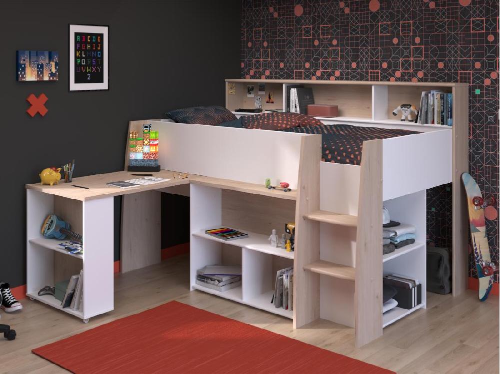 Vente Unique Lit Combiné 90 X 200 Cm Avec Bureau Et Rangements - Blanc Et Naturel - APOLINO