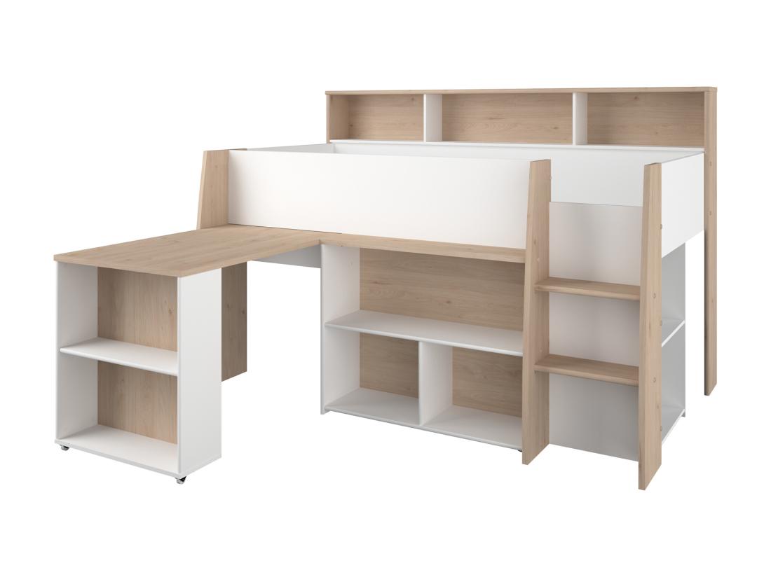 Vente Unique Lit Combiné 90 X 200 Cm Avec Bureau Et Rangements - Blanc Et Naturel - APOLINO