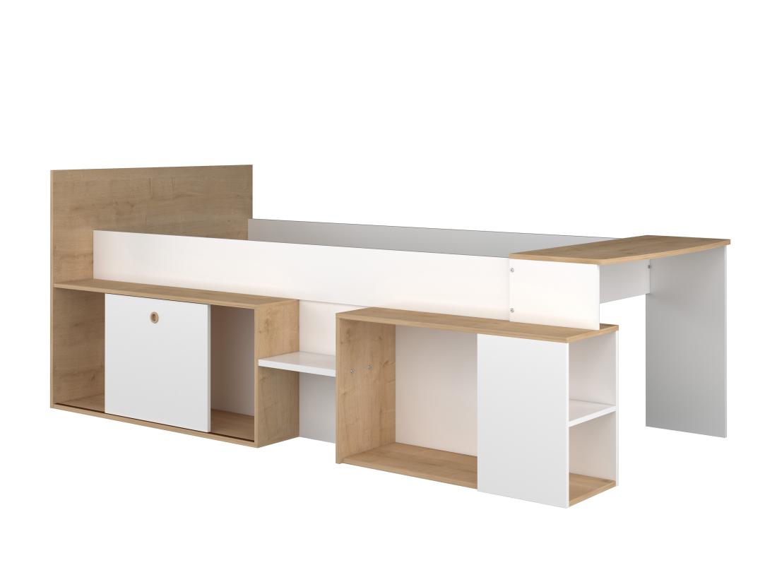 Vente Unique Lit Combiné 90 X 200 Cm Avec Bureau Et Rangements - Blanc Et Naturel + Sommier - PALOMA