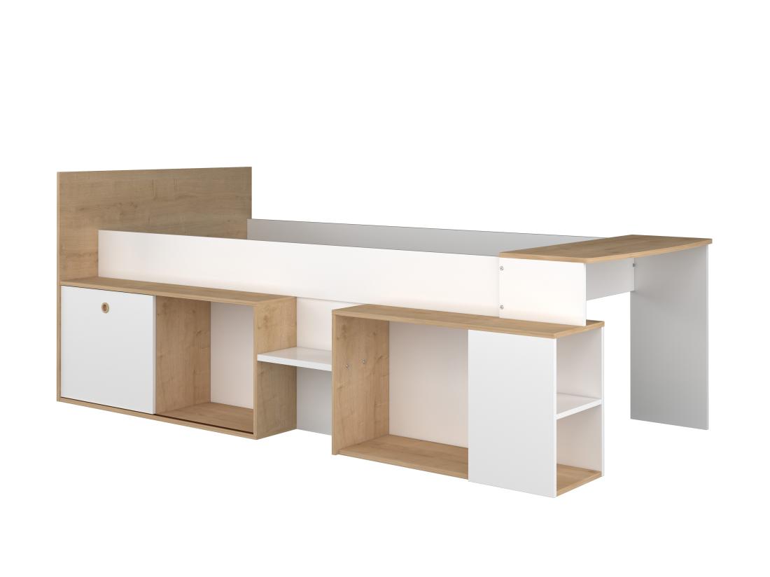 Vente Unique Lit Combiné 90 X 200 Cm Avec Bureau Et Rangements - Blanc Et Naturel + Sommier - PALOMA
