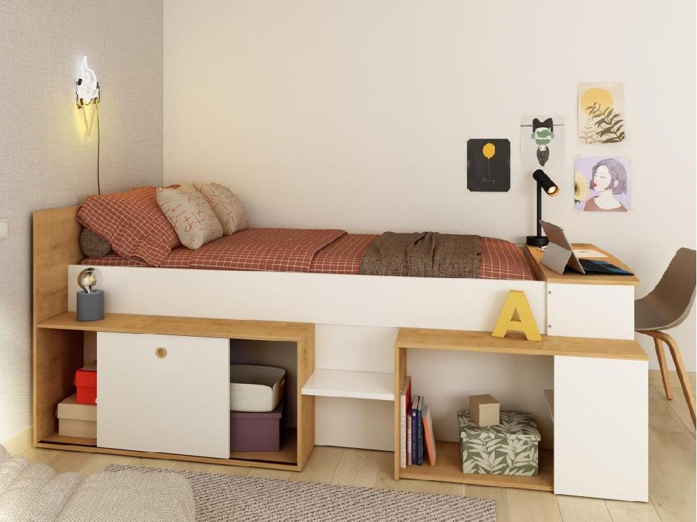 Vente Unique Lit Combiné 90 X 200 Cm Avec Bureau Et Rangements - Blanc Et Naturel + Sommier - PALOMA