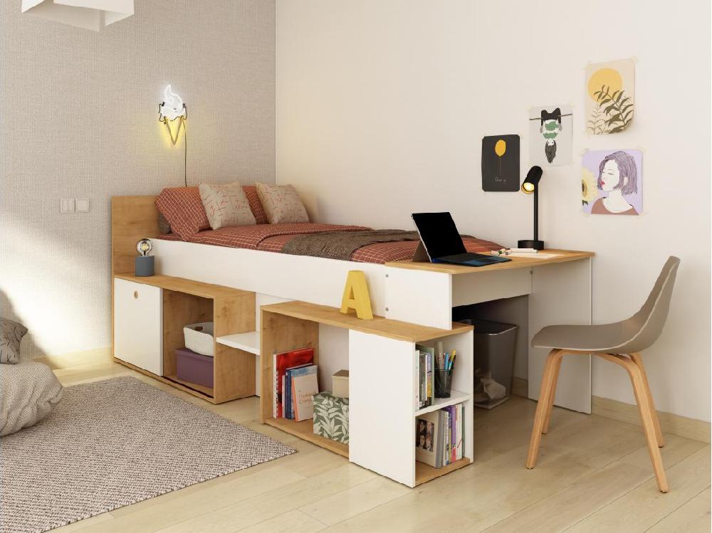 vente unique Lit combiné 90 x 200 cm avec bureau et rangements - Blanc et naturel + Sommier - PALOMA