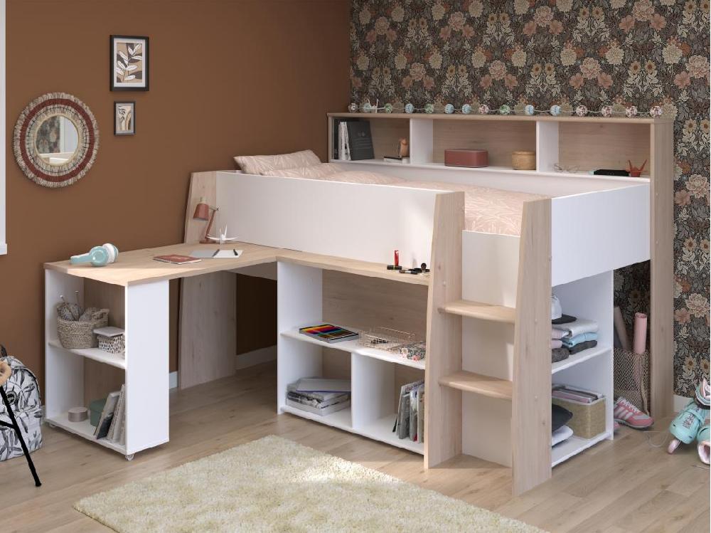 vente unique Lit combiné 90 x 200 cm avec bureau et rangements - Blanc et naturel - APOLINO