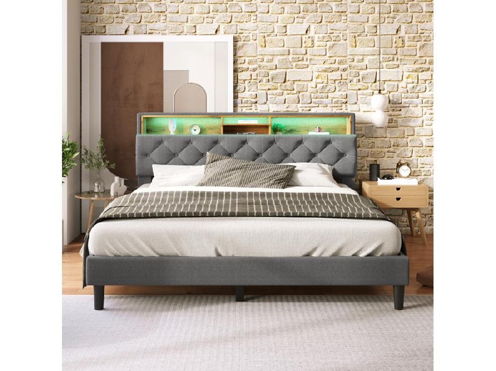 Vente Unique Lit Double Rembourré 140x200cm En Lin Avec LED Et Espace De Rangement - Sommier à Lattes - Gris