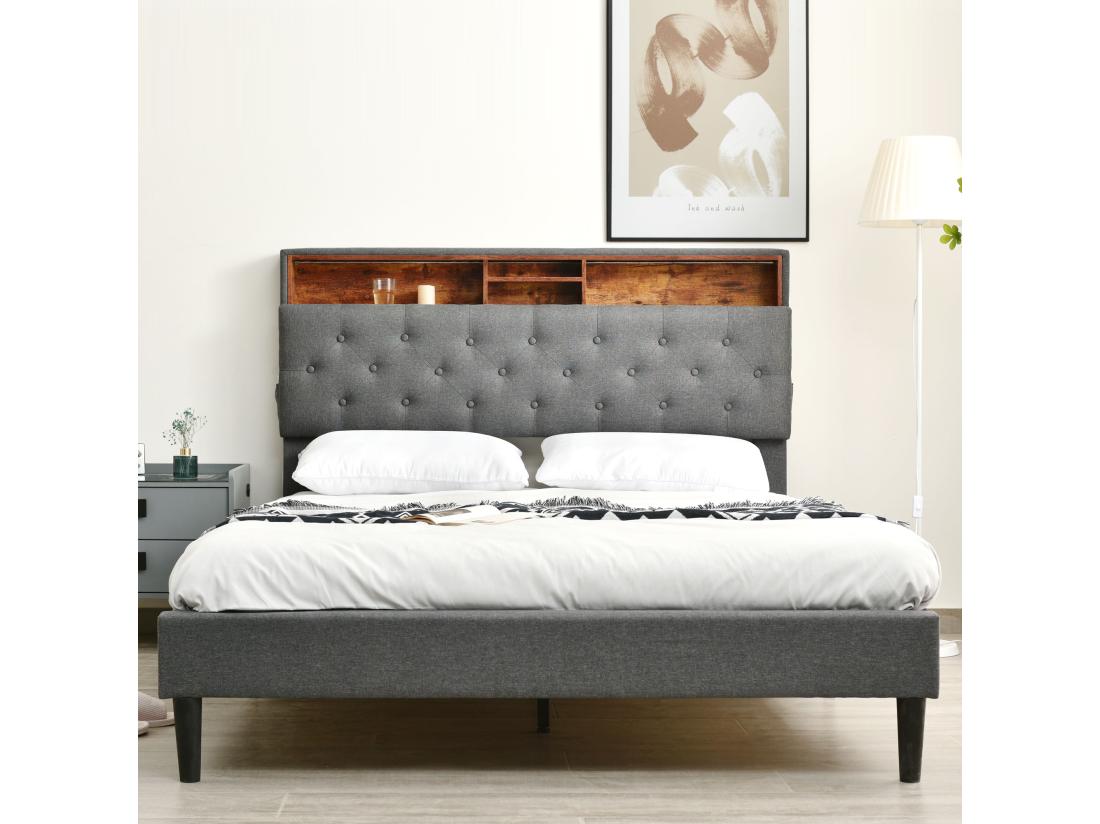 Vente Unique Lit Double Rembourré 140x200cm En Lin Avec LED Et Espace De Rangement - Sommier à Lattes - Gris