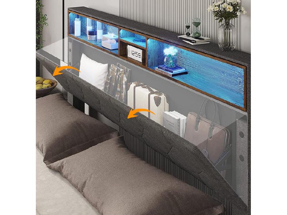 Vente Unique Lit Double Rembourré 140x200cm En Lin Avec LED Et Espace De Rangement - Sommier à Lattes - Gris