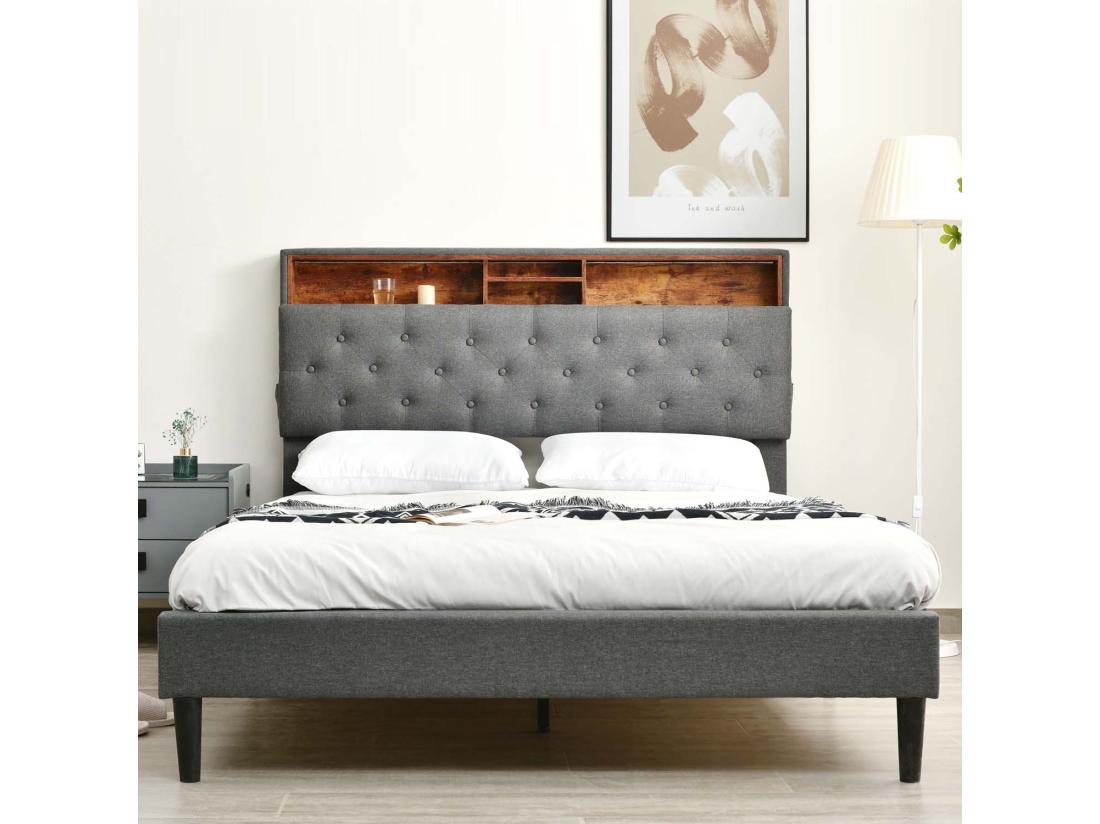vente unique Lit double rembourré 140x200cm en lin avec LED et espace de rangement - sommier à lattes - Gris