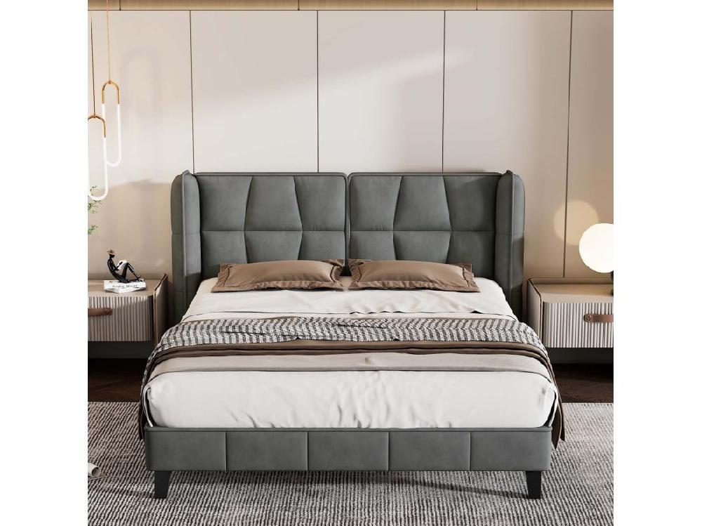 vente unique Lit double rembourré 140x200cm en velours avec sommier à lattes - Gris