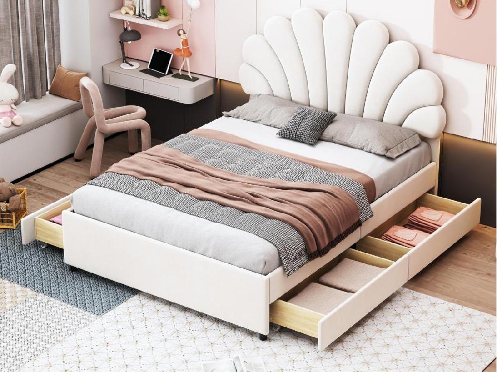 Vente Unique Lit Double Rembourré En Velours Avec 4 Tiroirs - 140x200cm - Tête De Lit En Forme De Fleur - Avec Sommier à Lattes - Beige