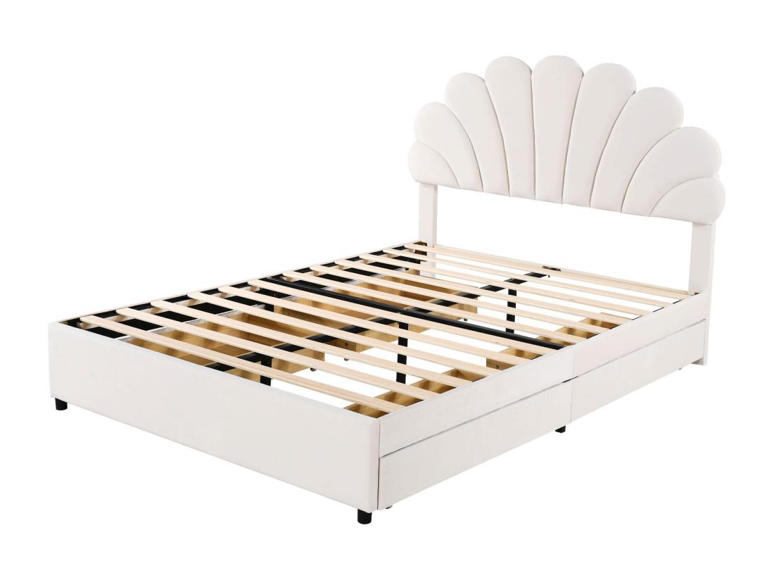 Vente Unique Lit Double Rembourré En Velours Avec 4 Tiroirs - 140x200cm - Tête De Lit En Forme De Fleur - Avec Sommier à Lattes - Beige