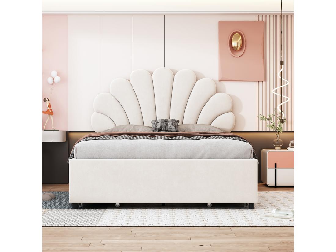vente unique Lit double rembourré en velours avec 4 tiroirs - 140x200cm - tête de lit en forme de fleur - avec sommier à lattes - Beige