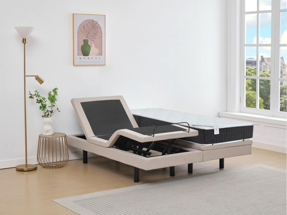 Vente Unique Lit électrique De Relaxation Déco + Matelas Ressorts Ensachés Et Mémoire De Forme - 2 X 90 X 200 Cm - Tissu - Beige - RIZALI De DREAMEA
