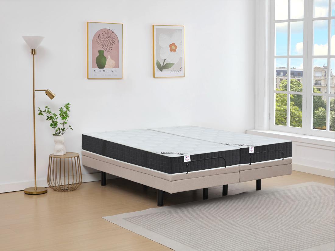 vente unique Lit électrique de relaxation déco + matelas ressorts ensachés et mémoire de forme - 2 x 90 x 200 cm - Tissu - Beige - RIZALI de DREAMEA