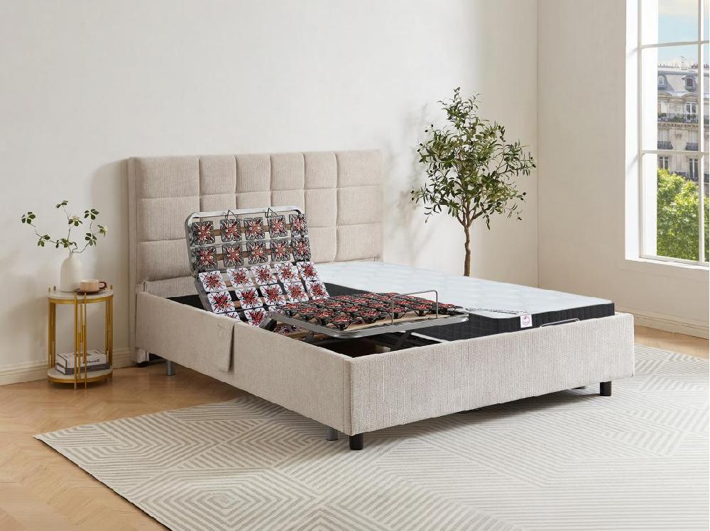 vente unique Lit électrique de relaxation déco tout plots + matelas ressorts ensachés et mémoire de forme - 2 x 80 x 200 cm - Tissu - Beige - MANAM de DREAMEA