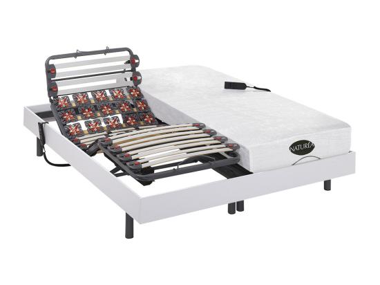 vente unique Lit électrique de relaxation lattes et plots + matelas mémoire de forme et bambou - 2 x 90 x 200 cm - Blanc - DAMYSOS de NATUREA