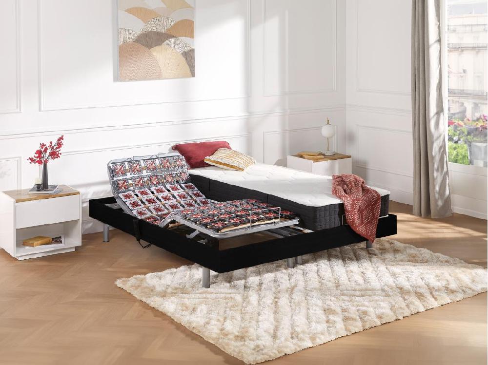 vente unique Lit électrique de relaxation tout plots + matelas ressorts ensachés et mémoire forme - 2 x 70 x 190 cm - Noir - PHANES de DREAMEA