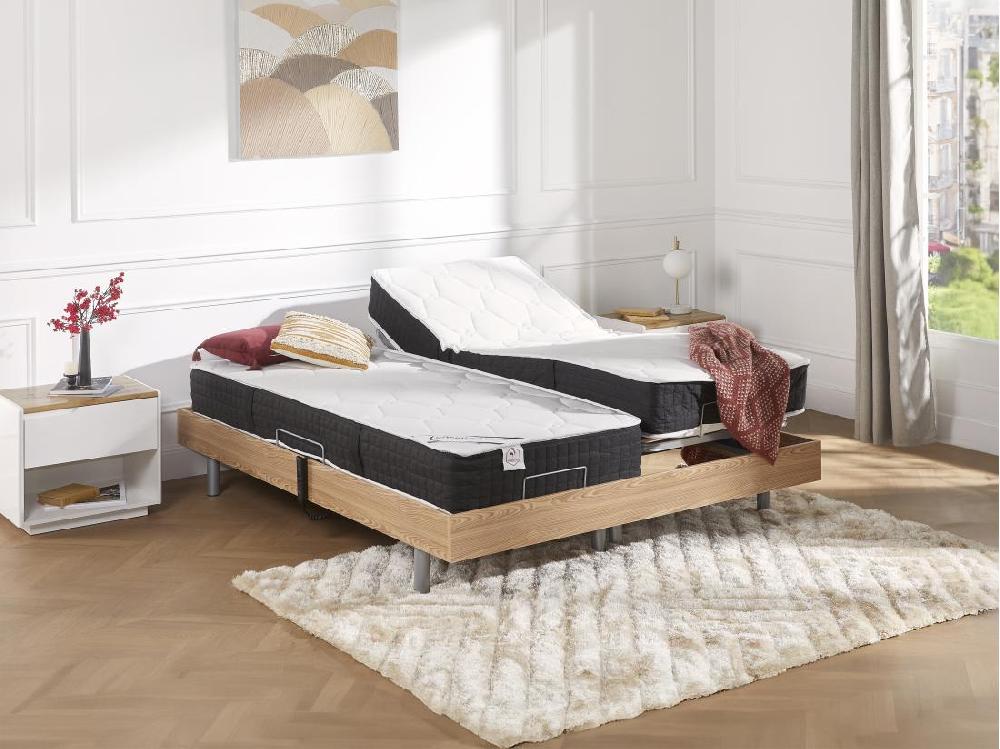 Vente Unique Lit électrique De Relaxation Tout Plots + Matelas Ressorts Ensachés Et Mémoire Forme - 2 X 80 X 200 Cm - Chêne - PHANES De DREAMEA