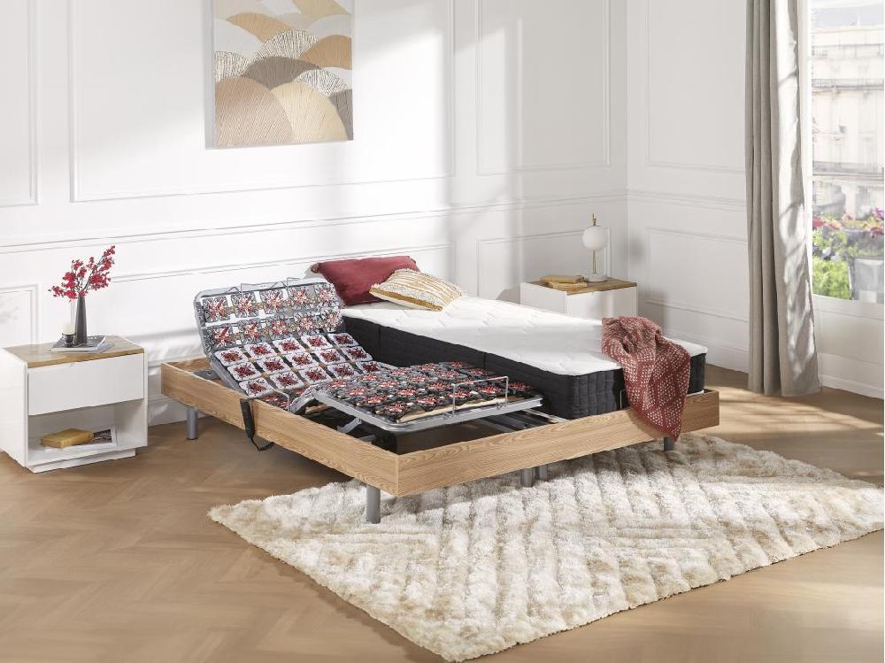 vente unique Lit électrique de relaxation tout plots + matelas ressorts ensachés et mémoire forme - 2 x 80 x 200 cm - Chêne - PHANES de DREAMEA