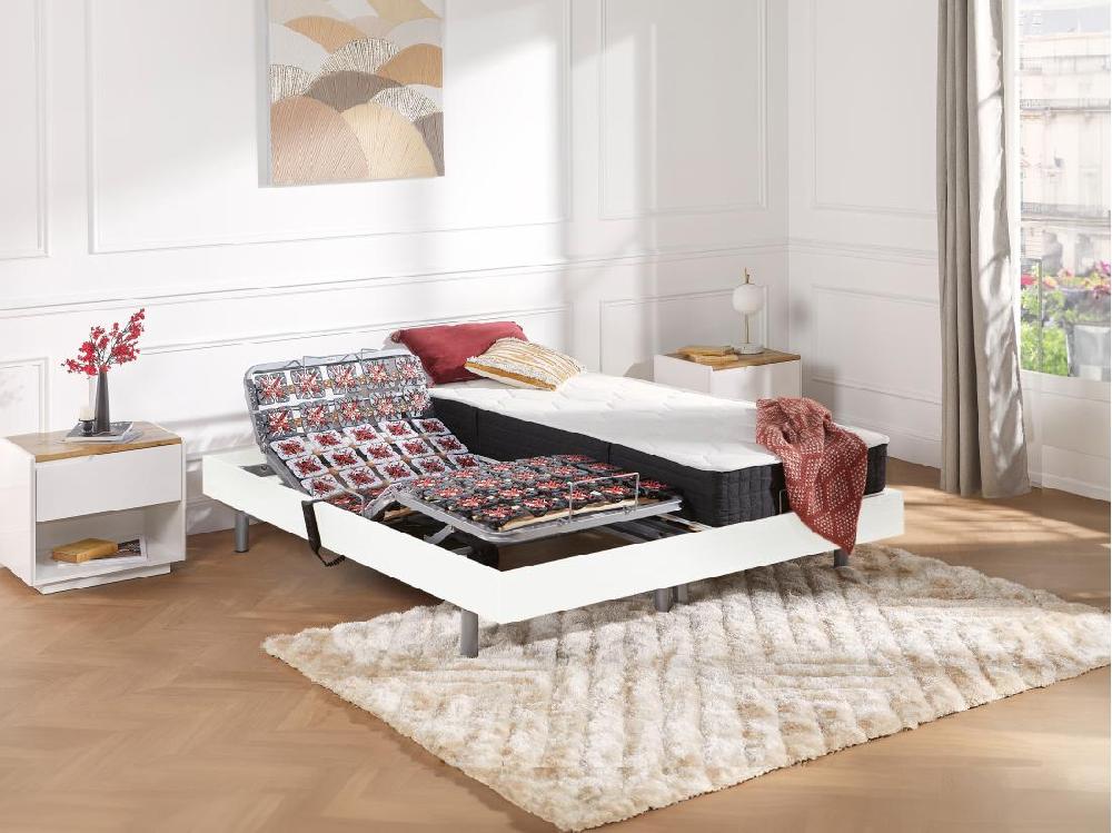 vente unique Lit électrique de relaxation tout plots + matelas ressorts ensachés et mémoire forme - 2 x 80 x 200 cm - Blanc - PHANES de DREAMEA