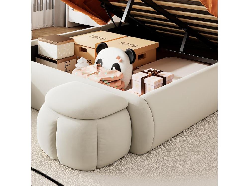 Vente Unique Lit Enfant 140x200 Cm Rembourré En Velours - Oreille De Lapin Avec LED Réglable - Avec 2 Tabourets De Rangement - Beige