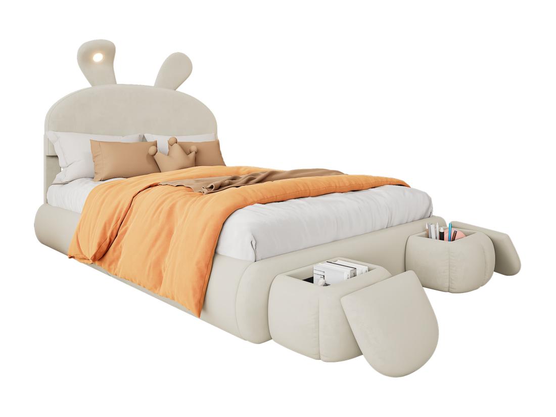 Vente Unique Lit Enfant 140x200 Cm Rembourré En Velours - Oreille De Lapin Avec LED Réglable - Avec 2 Tabourets De Rangement - Beige