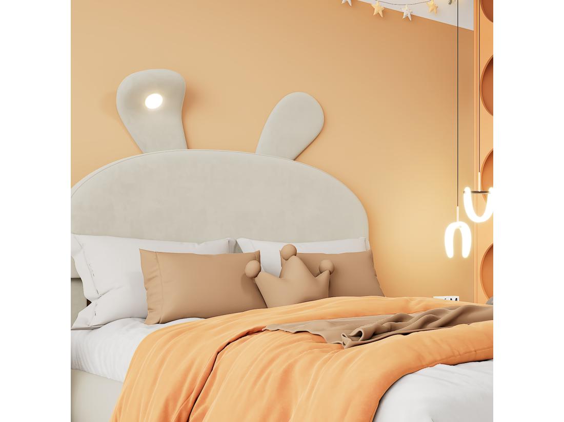 vente unique Lit enfant 140x200 cm rembourré en velours - oreille de lapin avec LED réglable - avec 2 tabourets de rangement - Beige