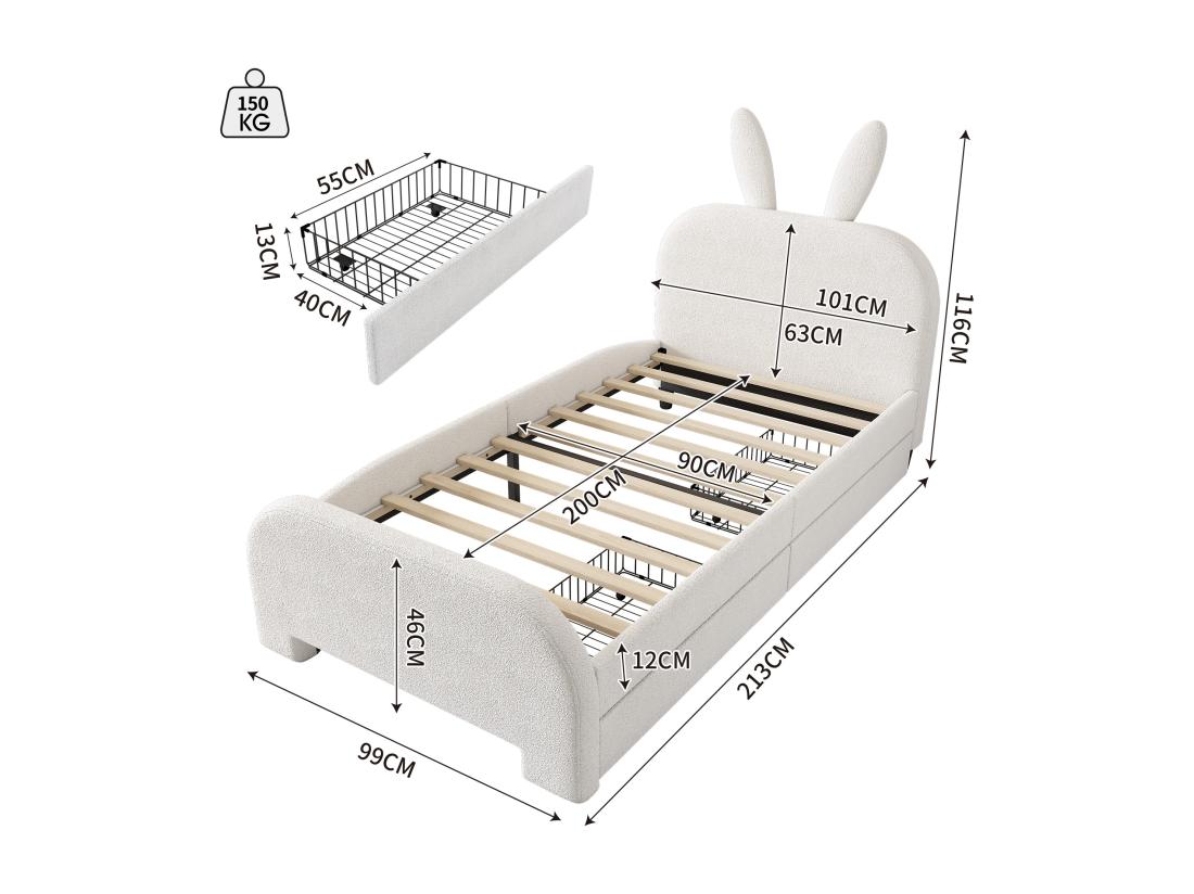 Vente Unique Lit Enfant 90x200 Cm Avec 2 Tiroirs - Tête En Forme De Lapin - Blanc