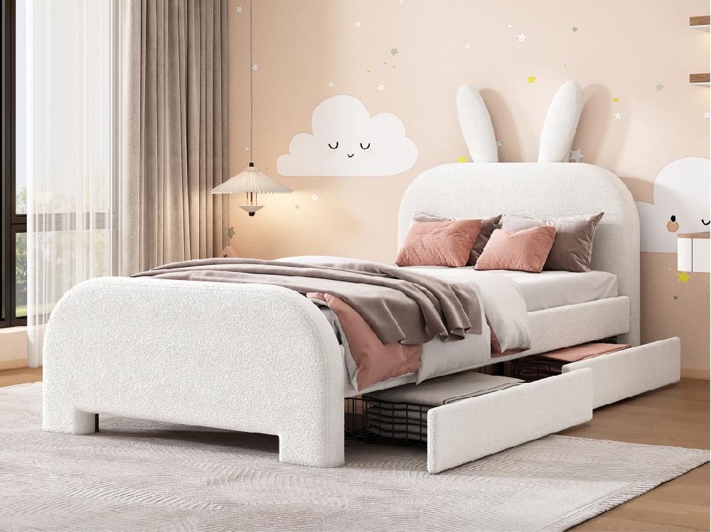 vente unique Lit enfant 90x200 cm avec 2 tiroirs - tête en forme de lapin - Blanc