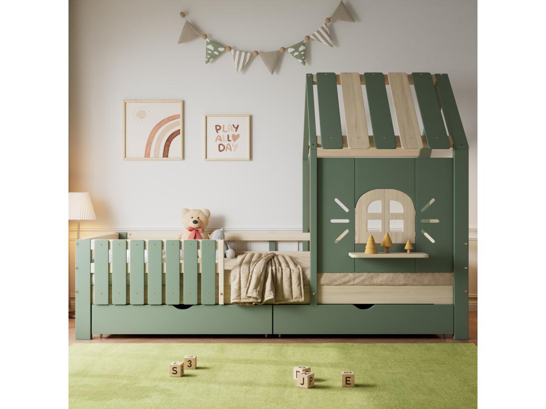 Vente Unique Lit Enfant 90x200 Cm - Avec Toit Et Fenêtre - Avec Clôture- Avec 2 Tiroirs - Bois Massif + MDF - Vert + Naturel