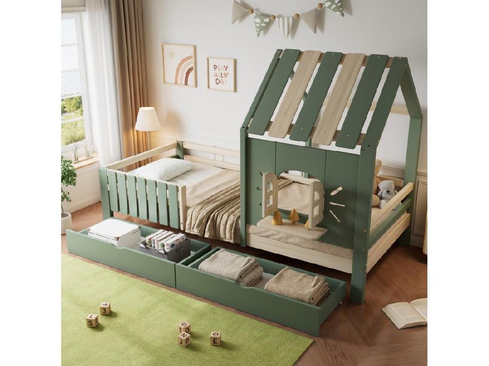 Vente Unique Lit Enfant 90x200 Cm - Avec Toit Et Fenêtre - Avec Clôture- Avec 2 Tiroirs - Bois Massif + MDF - Vert + Naturel