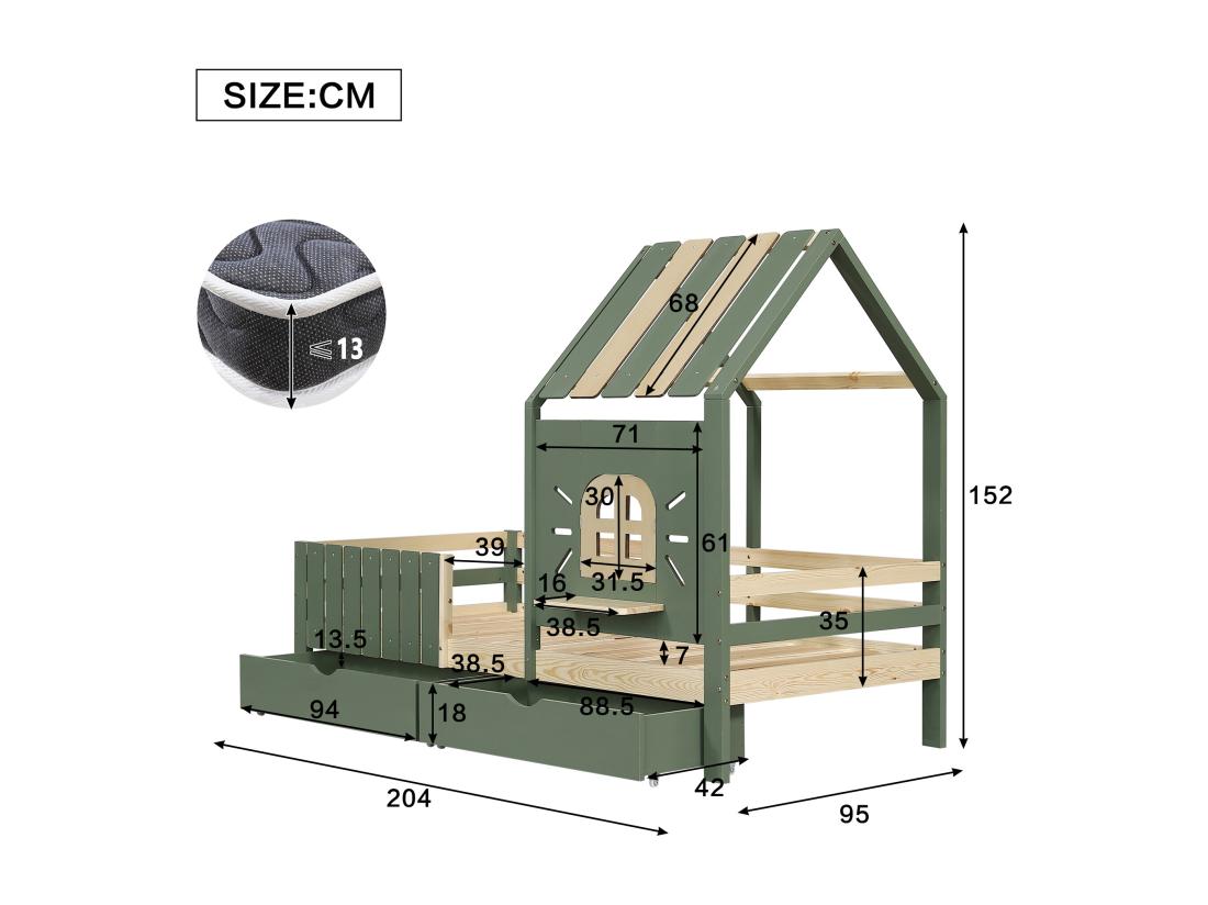 Vente Unique Lit Enfant 90x200 Cm - Avec Toit Et Fenêtre - Avec Clôture- Avec 2 Tiroirs - Bois Massif + MDF - Vert + Naturel
