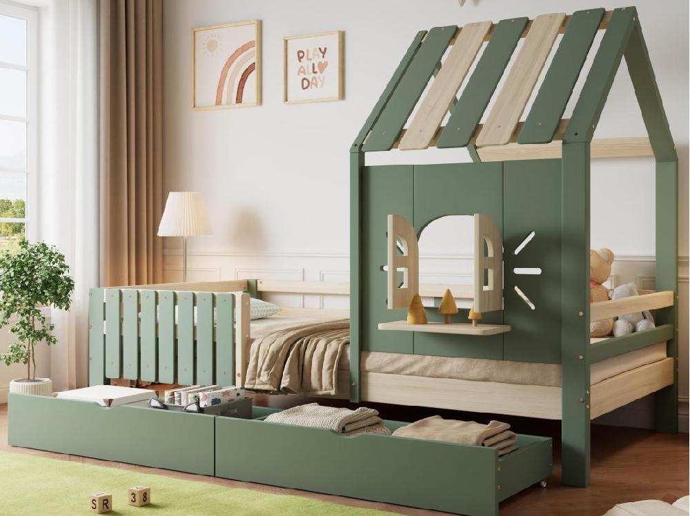 vente unique Lit enfant 90x200 cm - avec toit et fenêtre - avec clôture- avec 2 tiroirs - bois massif + MDF - vert + naturel