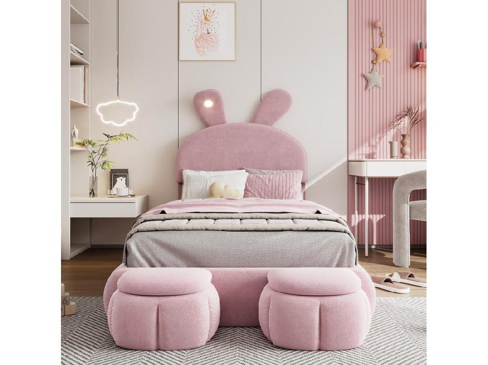 Vente Unique Lit Enfant 90x200 Cm Rembourré En Velours - Oreille De Lapin Avec LED Réglable - Avec 2 Tabourets De Rangement - Rose