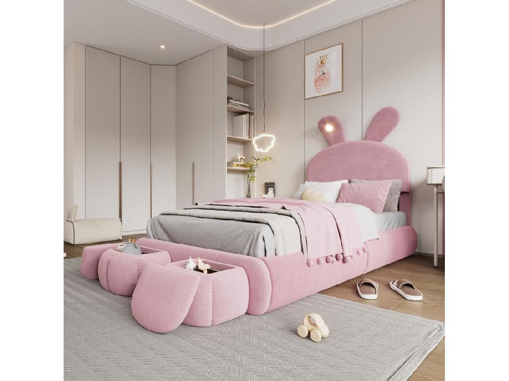 Vente Unique Lit Enfant 90x200 Cm Rembourré En Velours - Oreille De Lapin Avec LED Réglable - Avec 2 Tabourets De Rangement - Rose