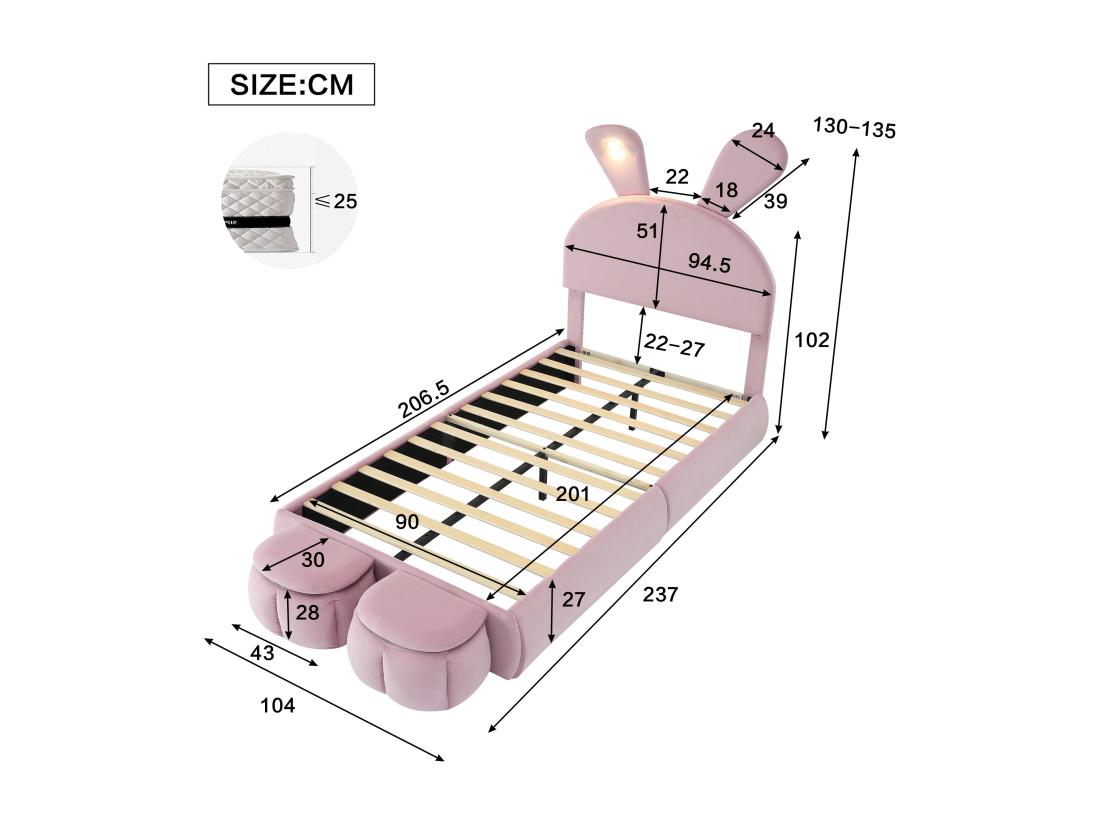 Vente Unique Lit Enfant 90x200 Cm Rembourré En Velours - Oreille De Lapin Avec LED Réglable - Avec 2 Tabourets De Rangement - Rose