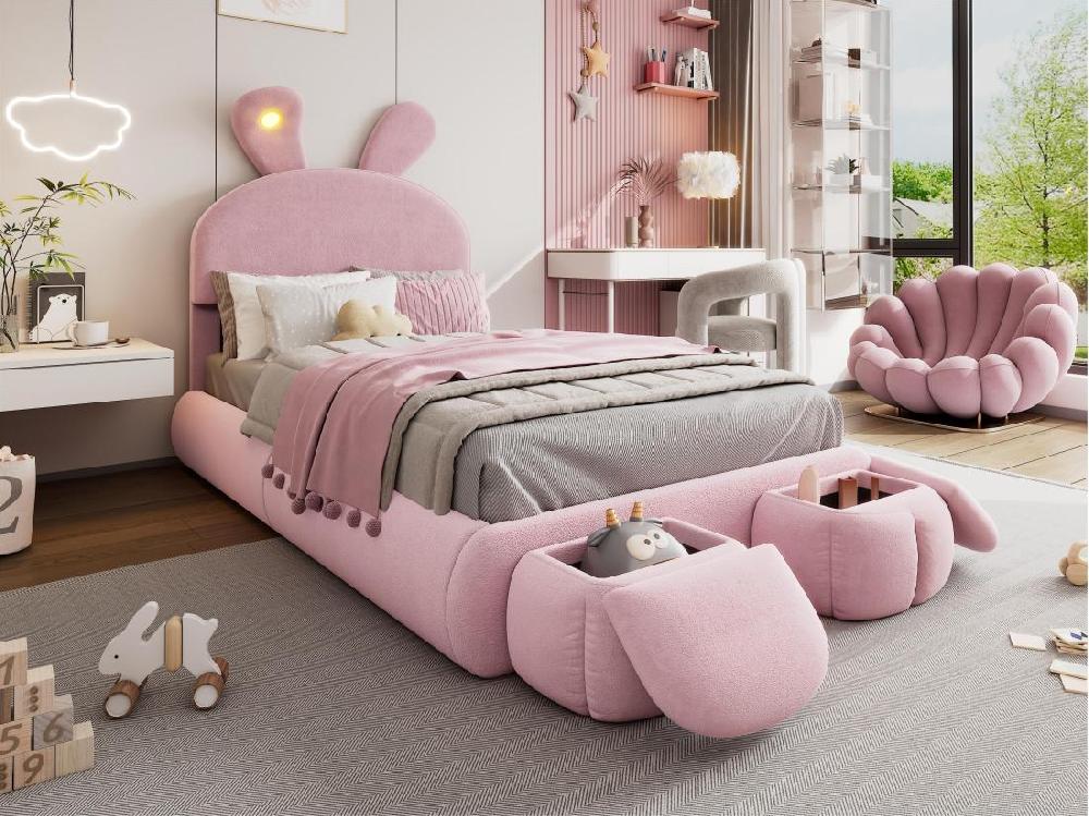 vente unique Lit enfant 90x200 cm rembourré en velours - oreille de lapin avec LED réglable - avec 2 tabourets de rangement - Rose