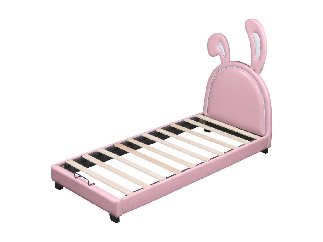 Vente Unique Lit Enfant En Similicuir Avec Tête En Forme D'oreilles De Lapin + Sommier à Lattes - 90x200cm - Rose