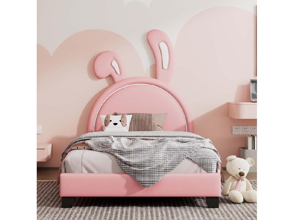 vente unique Lit enfant en similicuir avec tête en forme d'oreilles de lapin + sommier à lattes - 90x200cm - Rose