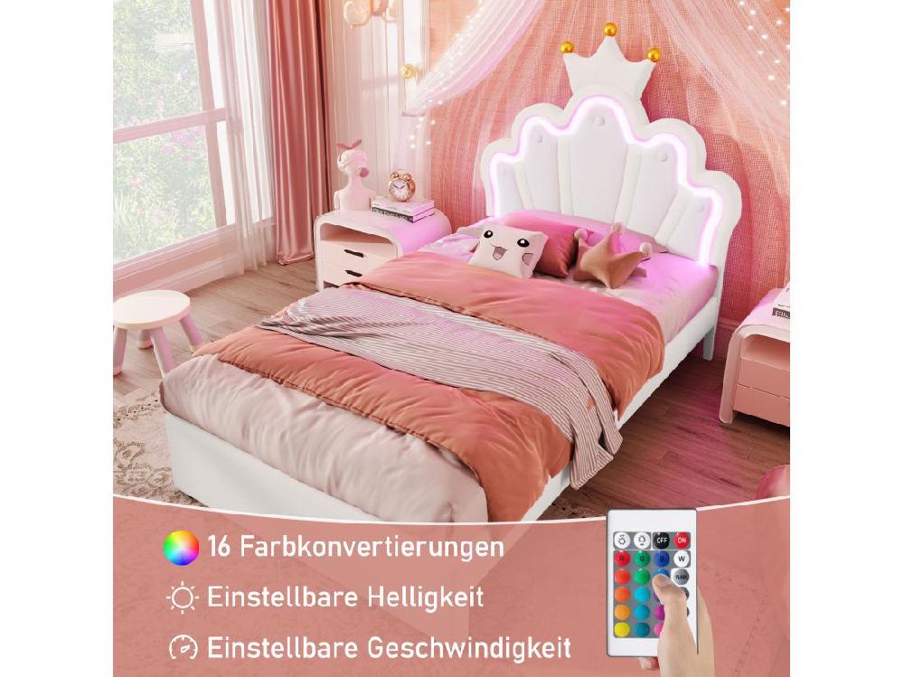 Vente Unique Lit Enfant Rembourré 90x200 Cm - Avec LED Et 2 Tiroirs - Blanc