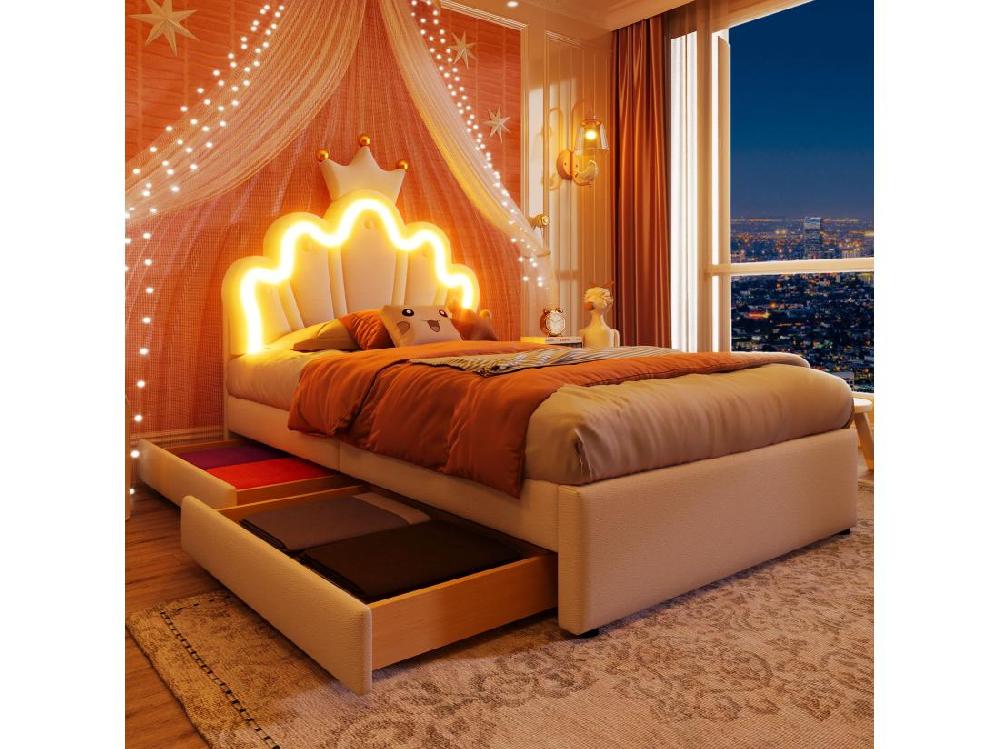 Vente Unique Lit Enfant Rembourré 90x200 Cm - Avec LED Et 2 Tiroirs - Blanc
