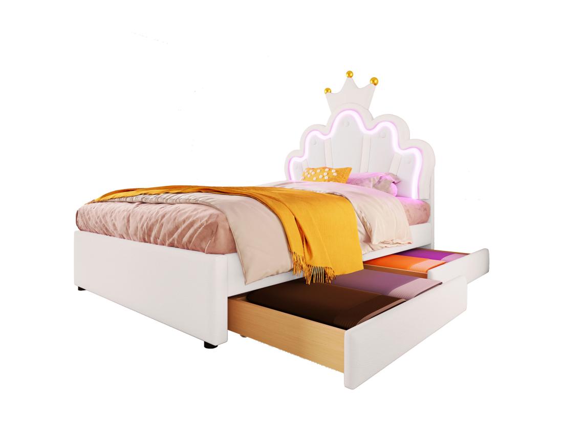 Vente Unique Lit Enfant Rembourré 90x200 Cm - Avec LED Et 2 Tiroirs - Blanc