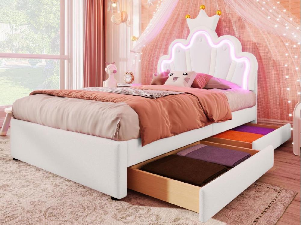 vente unique Lit enfant rembourré 90x200 cm - avec LED et 2 tiroirs - Blanc